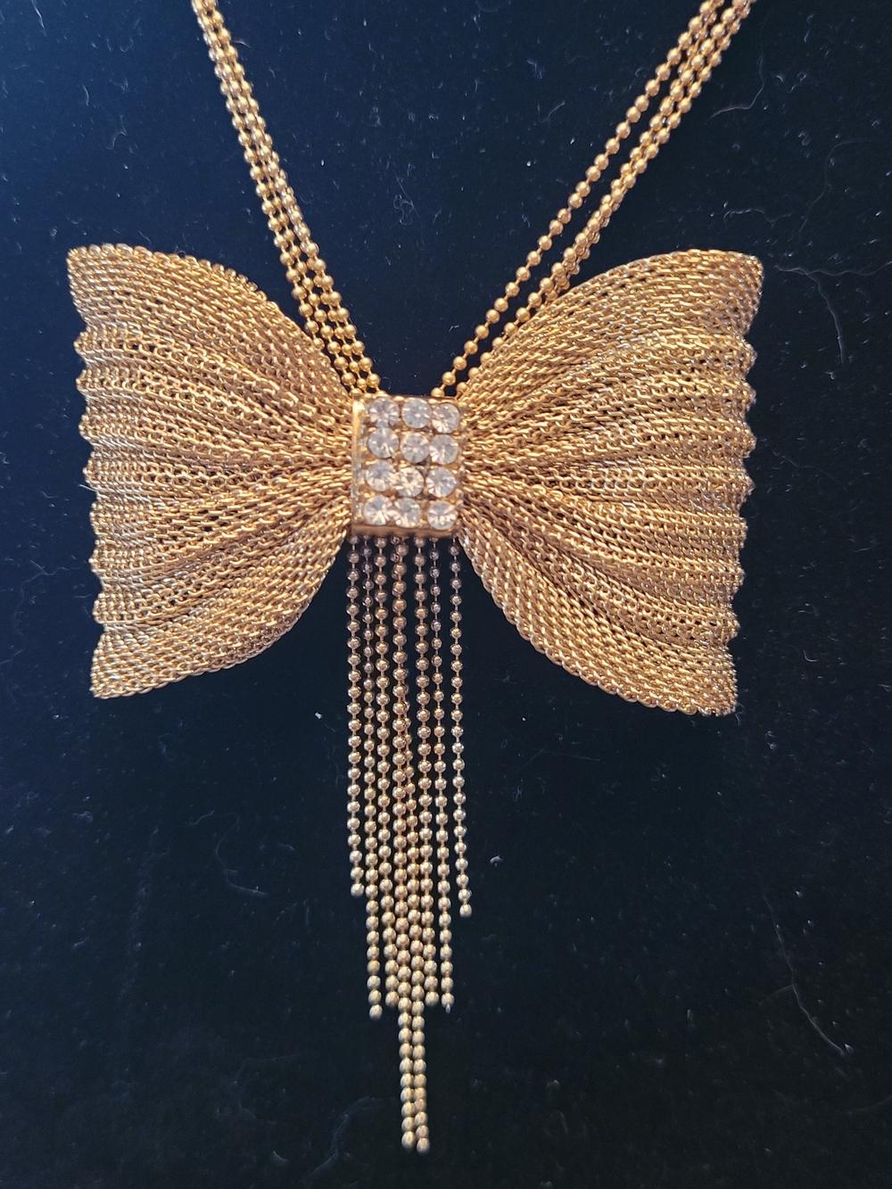 Vintage Style Gold Tone Mesh Bow  Necklace Rhinestone Tassel Statement Adj. - Picture 2 of 5